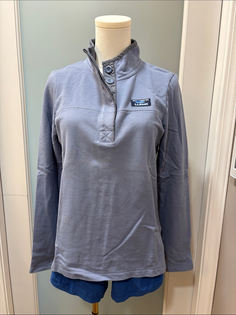 L.L. Bean Women's Slate Blue Button Mock-Neck Fleece Pullover